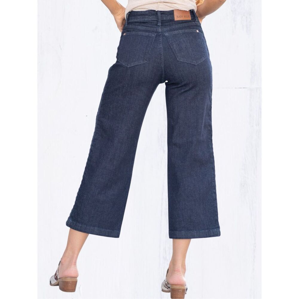 Judy Blue Braided Side Seam Cropped Wide Leg Jeans Dark Wash Stretch Denim NWT - Picture 4 of 16